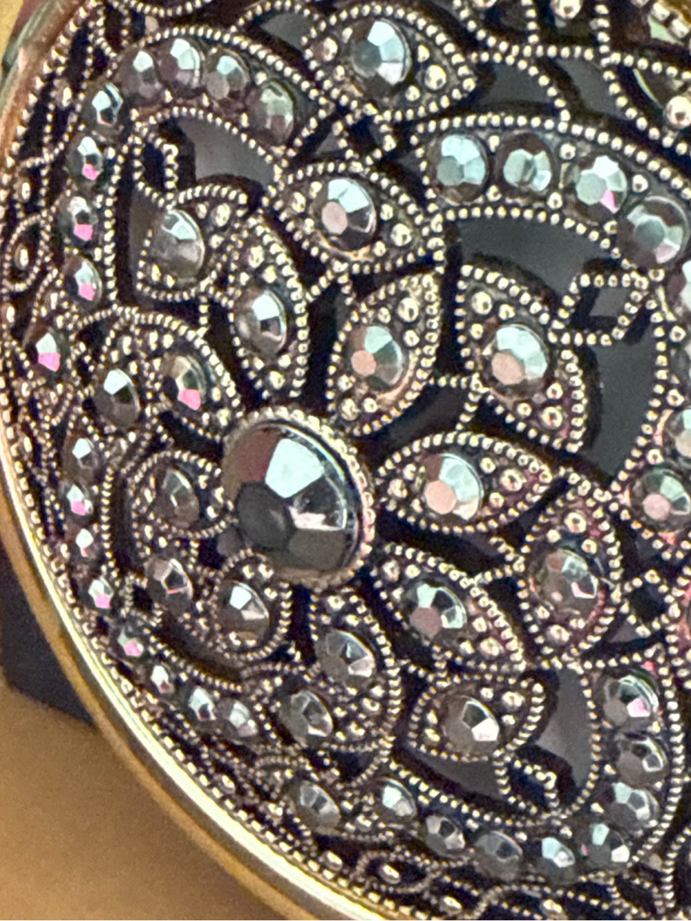 Monet Gold and Black Filigree Compact with Clear Rhinestones - Picture 4 of 6
